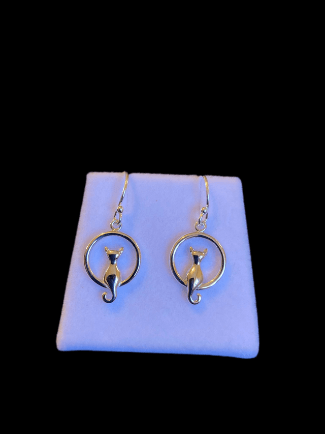 Sterling silver Cat on Moon drop Earrings 