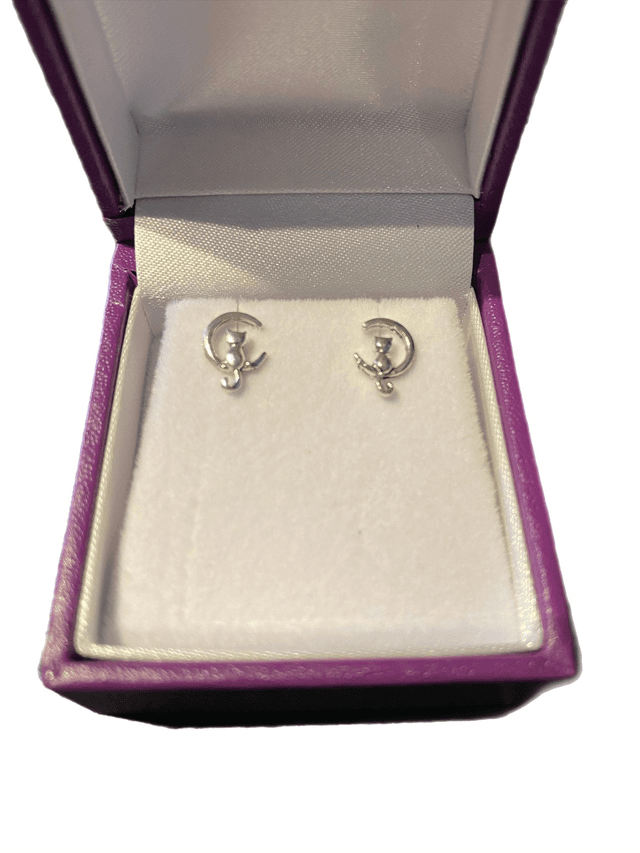 Sterling Silver cat on moon stud earrings